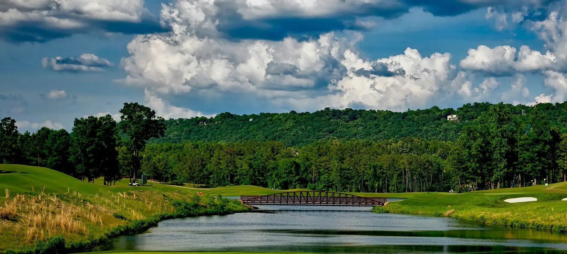 A bridge over water near a forest under cloudy skies.