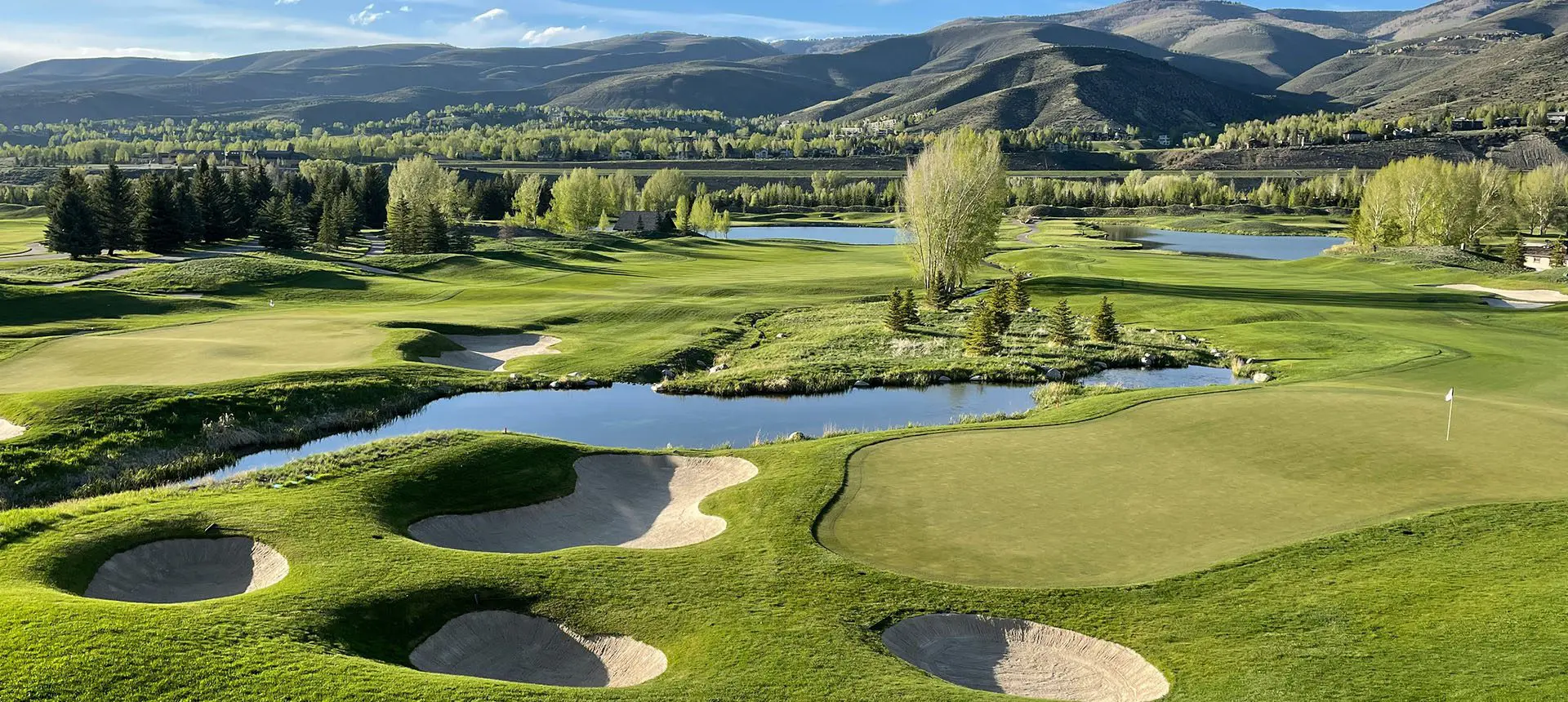 A view of a golf course with trees and water.